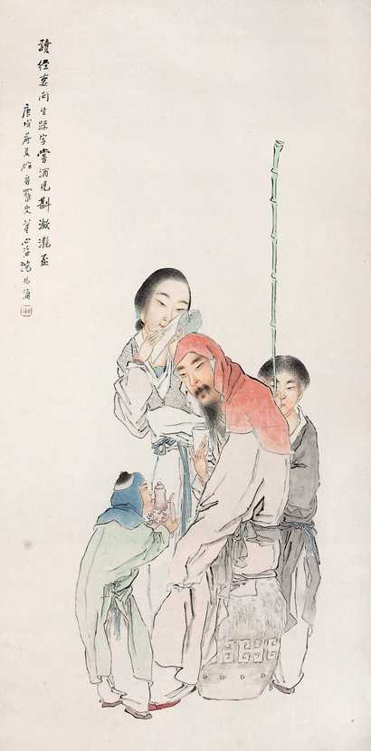 沈心海 庚戍（1910）年作 读经尝酒 立轴